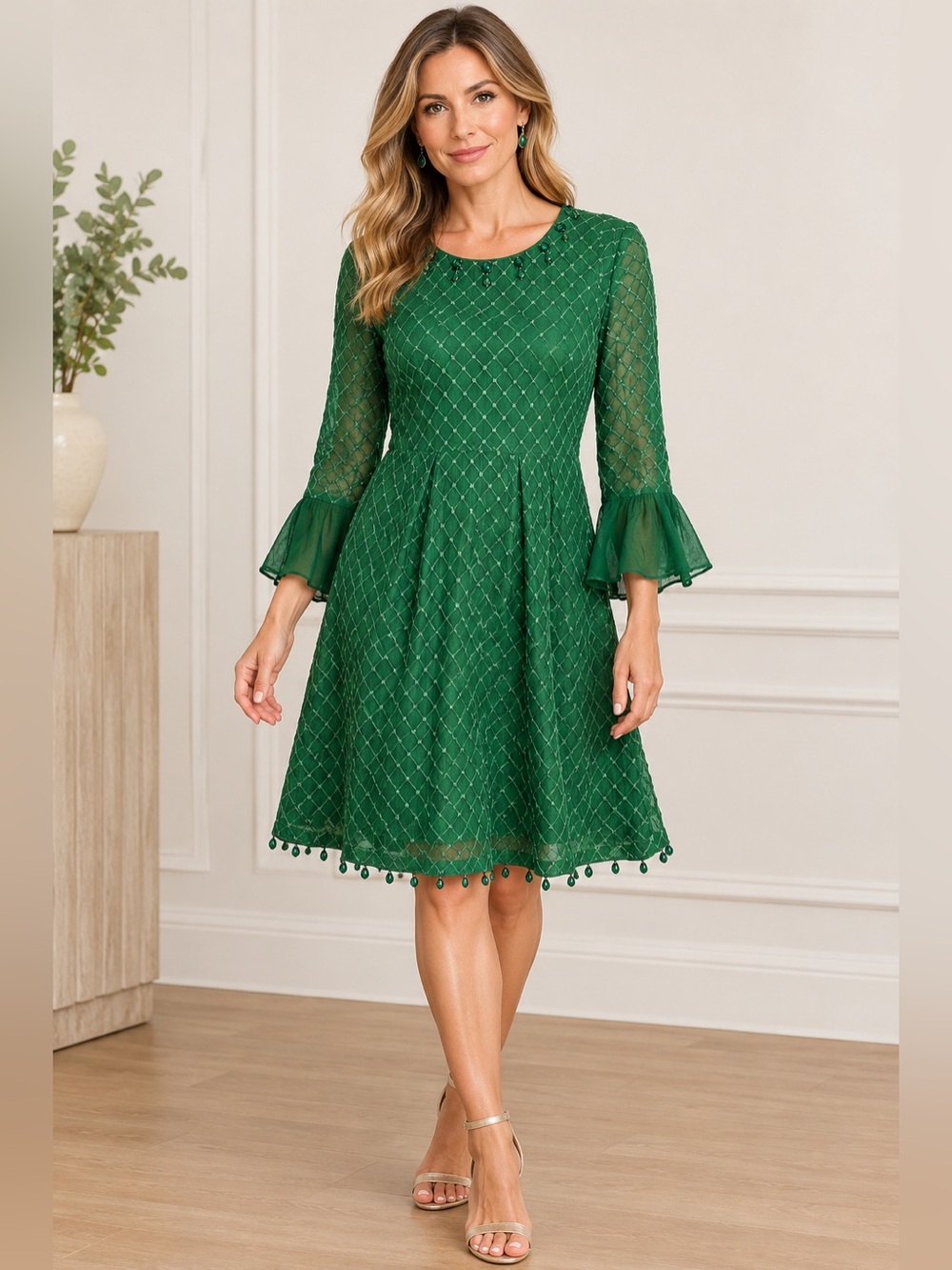Elegant Green embellished beaded Hashemi Thobe midi dress with Ruffled Sleeves